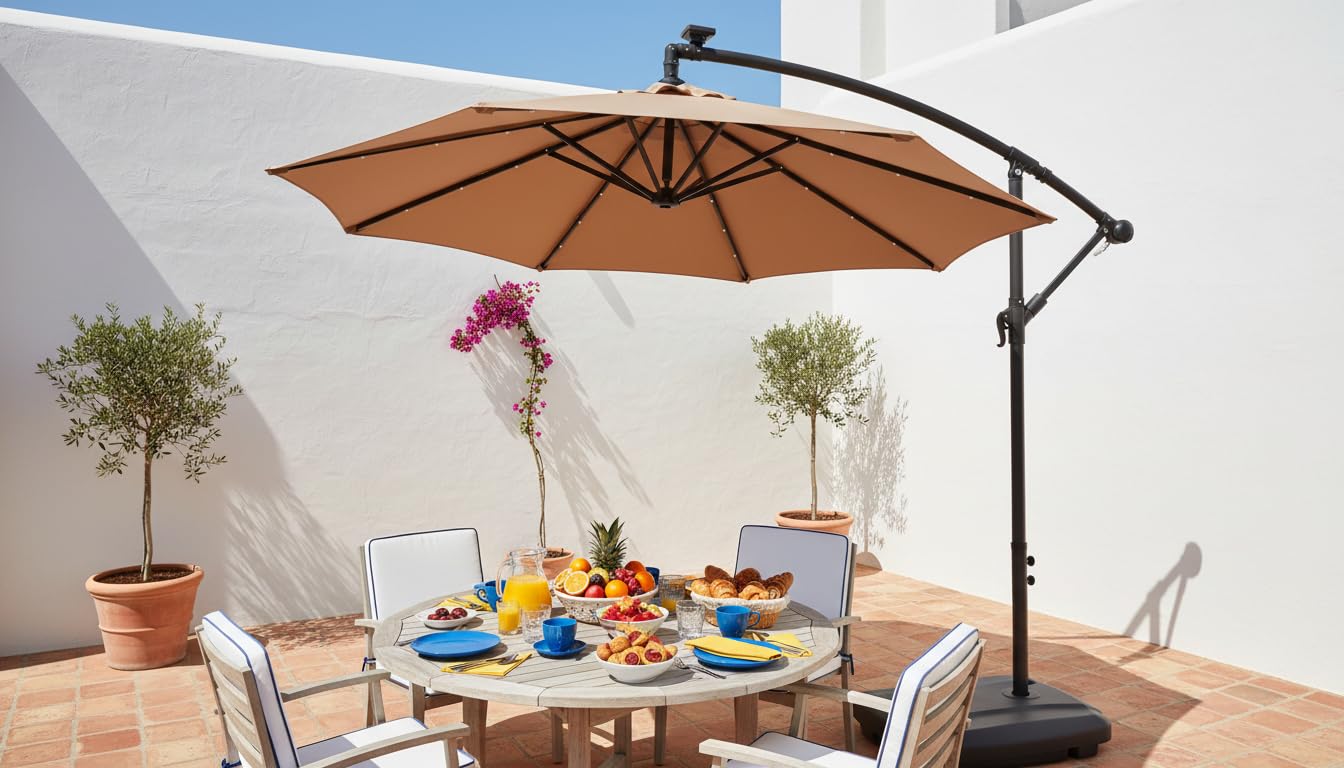 NETSPA - GD-UM2500BS - Parasol Complet (Base + Parasol) - Structure en Acier - LED intégrées alimentées par Panneau Solaire - Pied avec Roulette de Transport - Rond