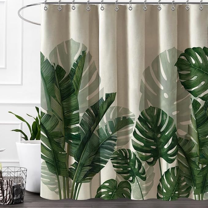 Baccessor Linen Shower Curtain Tropical Green Leaf Shower Curtains Botanical Banana Monstera Leaf Palm Tree Water Repellent Heavy Duty Fabric Cloth Shower Curtain for Bathtubs Hotel 72 W X 72 L Inch