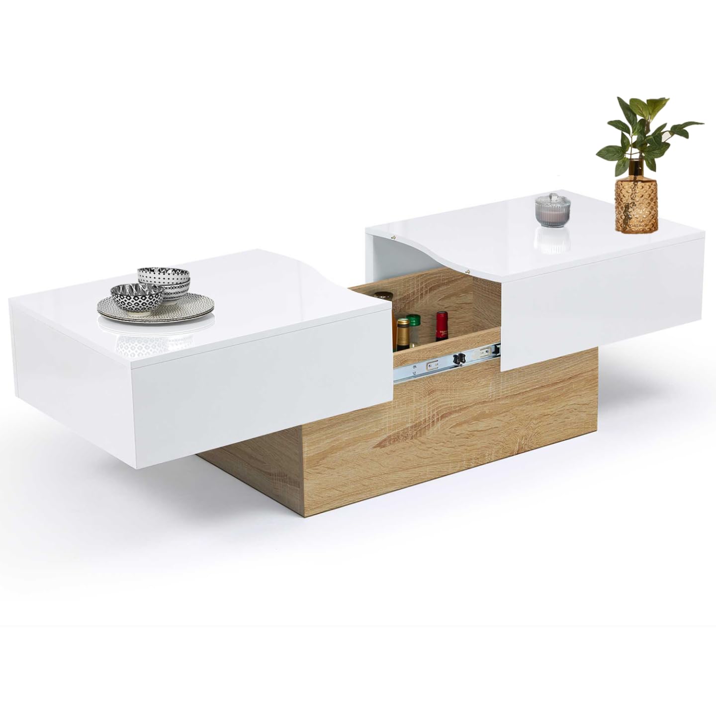 IDMarket – Mesa Baja corredera Rectangular Marta Madera imitación Haya y Blanco