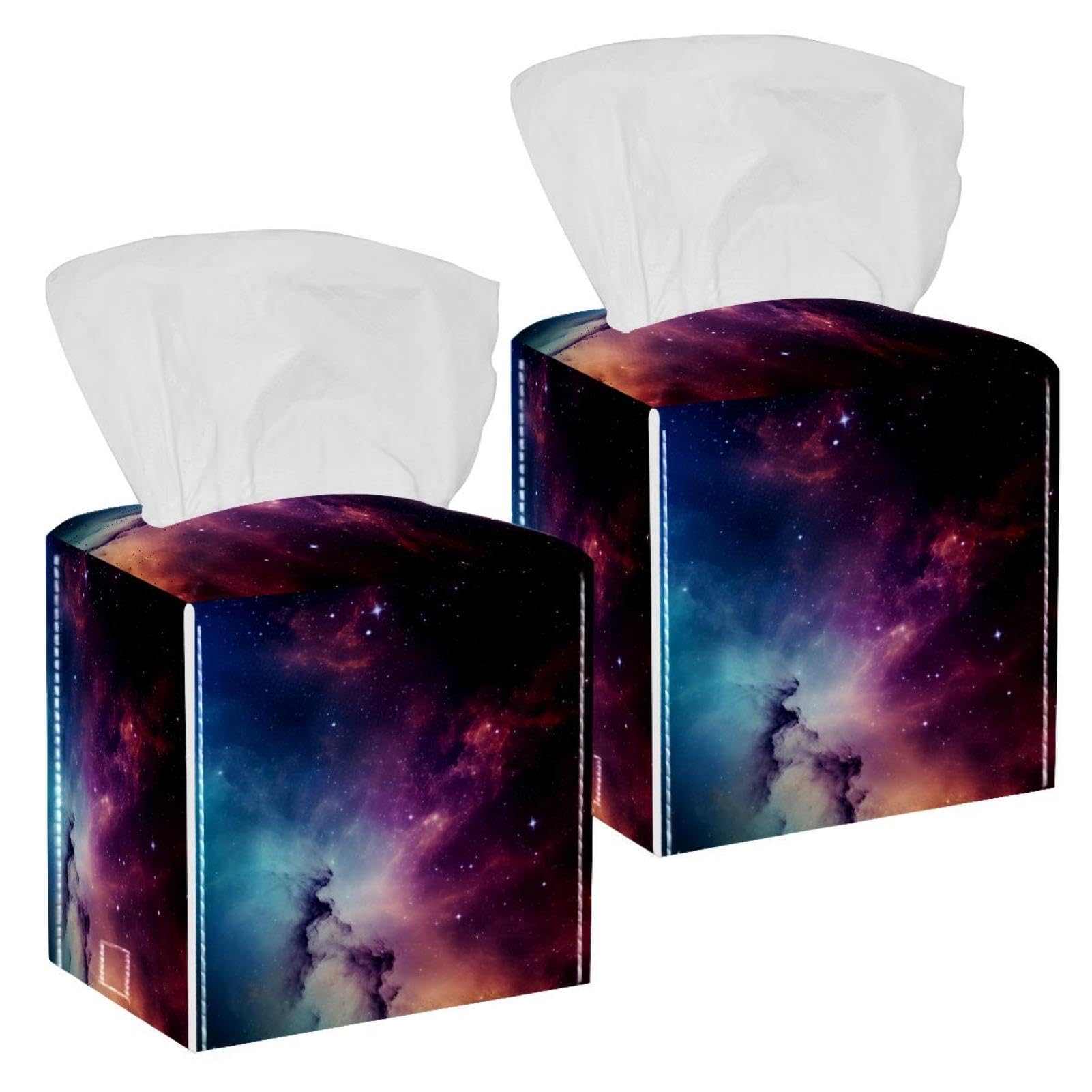 Stars Nebula Tissue Box Cover, 2 Pack PU Leather Square Facial Tissue Dispenser Box holder for Home Office Car