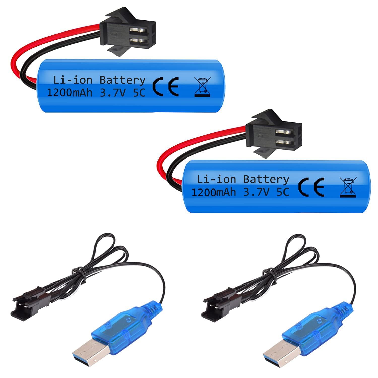 1200mah 3.7V Rechargeable Battery SM-2P Plug with USB Charger for RC Car RC Trucks Toy Robots Bazooka Rocket Bubble Gun Battery Replacement 2 Pack