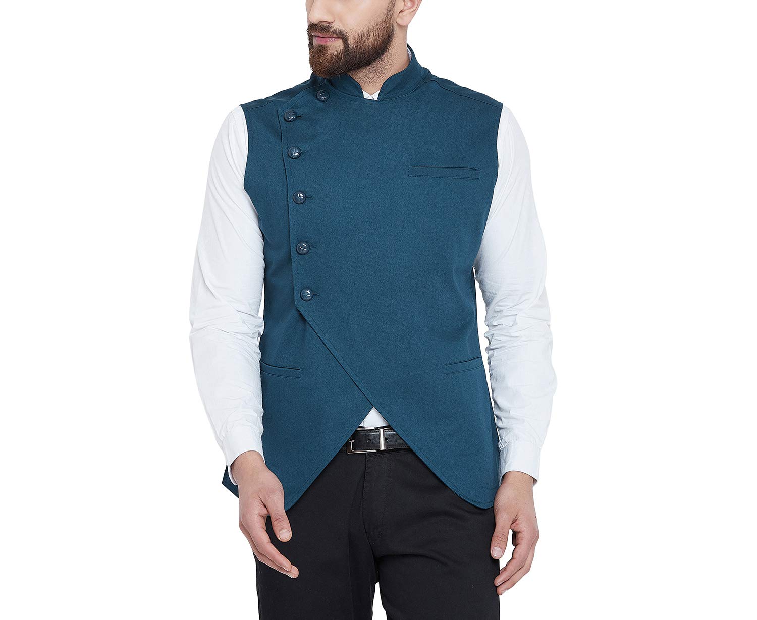 hypernation Teal Blue Cotton Waistcoat for Men(HYPM02480)-picture-30