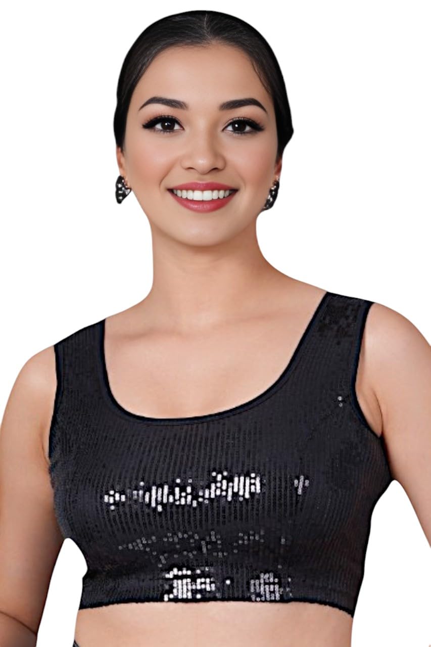 biyu Women's Cotton Lycra Stretchable Sequence Embellished Round Neck Sleeveless Readymade Saree Blouse-picture-8