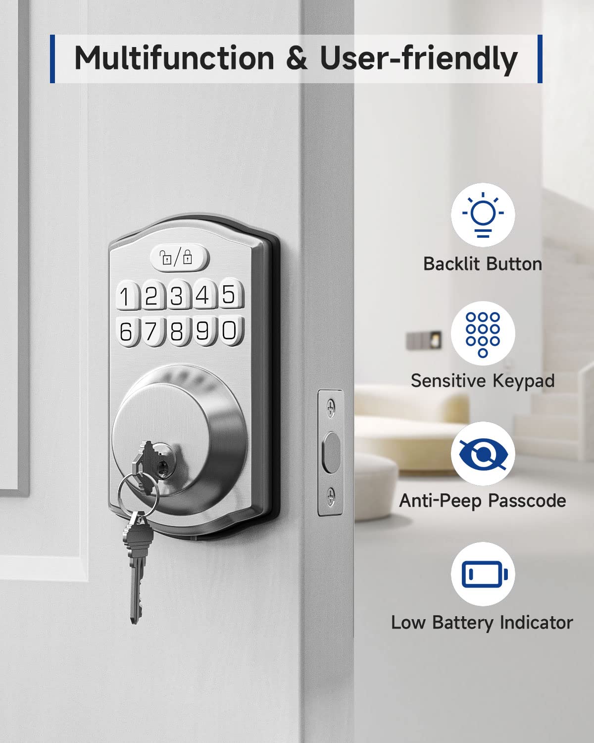 HOSOM Pêne dormant à clavier pour porte d'entrée, serrure électronique de porte d'entrée sans clé, double cylindre, 20 codes utilisateur, verrouillage automatique, nickel satiné