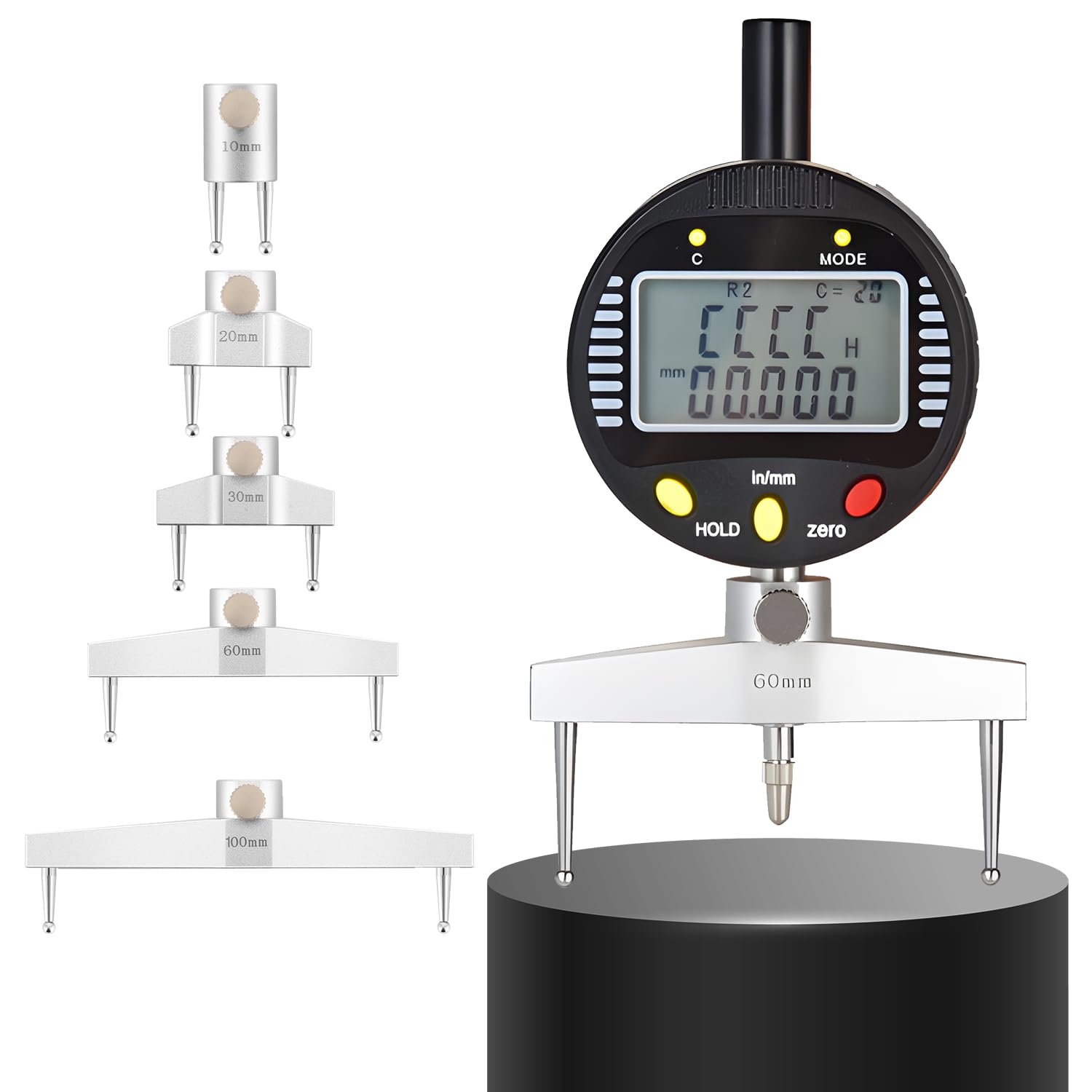CGOLDENWALLHigh Accuracy Digital Radius Gauge Digital Radius Indicator Measurement Tool with 10/20/30/60/100mm Changeable Measuring Jaw Black