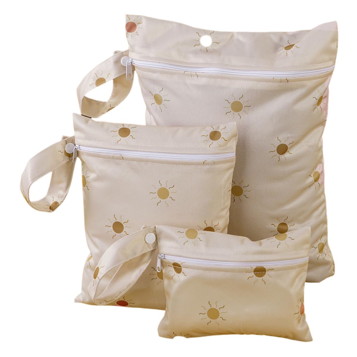 Treer 3 PCS Wet Bags Baby Cloth Nappy Wet Bag, Elegant Chic Print Waterproof Reusable Diaper Bags with Zipper, Wet Dry Organizer Bag for Swimming, Baby Diaper, Travel Beach (Beige Sun)