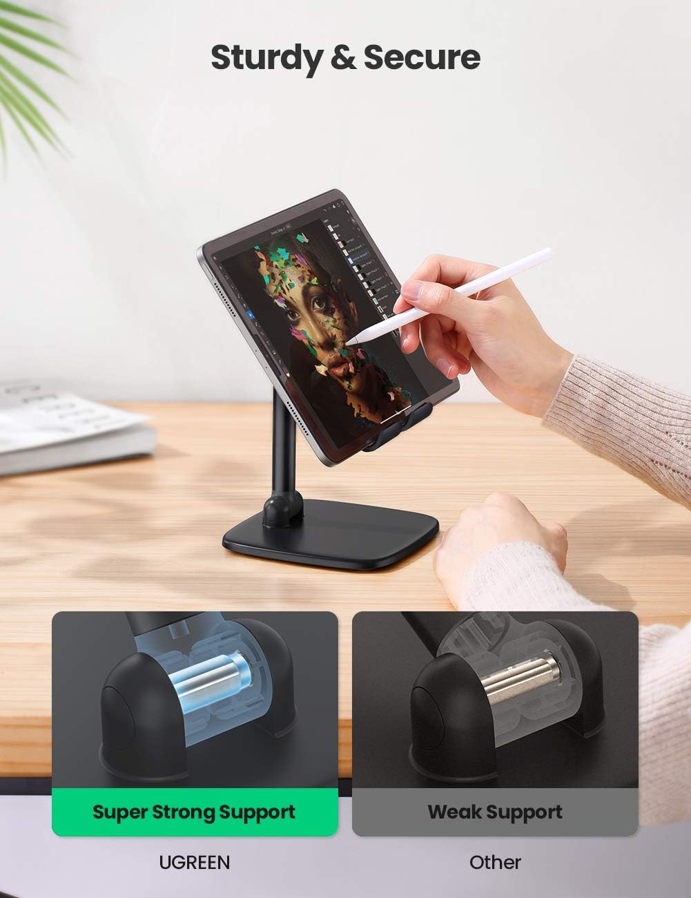 UGREEN Tablet Stand Holder Desktop Adjustable Stand Foldable Dock Cell Phone Stand for Desk Portable Riser Compatible with iPad Pro 9.7, 10.5, 11,12.9 Air Mini 5 4 3 2, E-Reader, Black