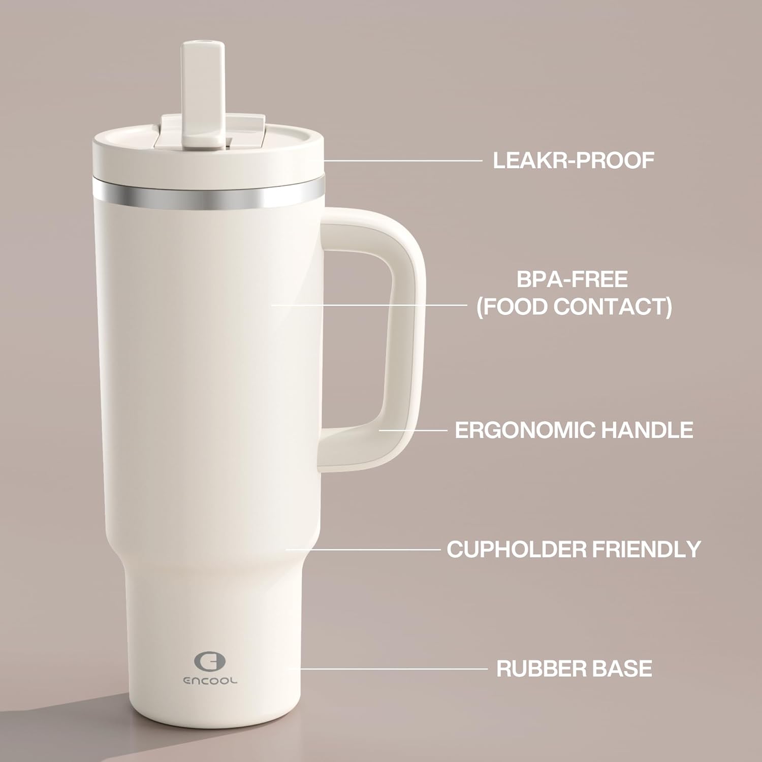 ENCOOL 40 oz Tumbler with Handle and Straw: Stainless Steel Insulated Tumbler Keeps Cold for 24 Hours, Leakproof Travel Cup Fits in Cup Holder and BPA-Free, Cream Moon - Image 3