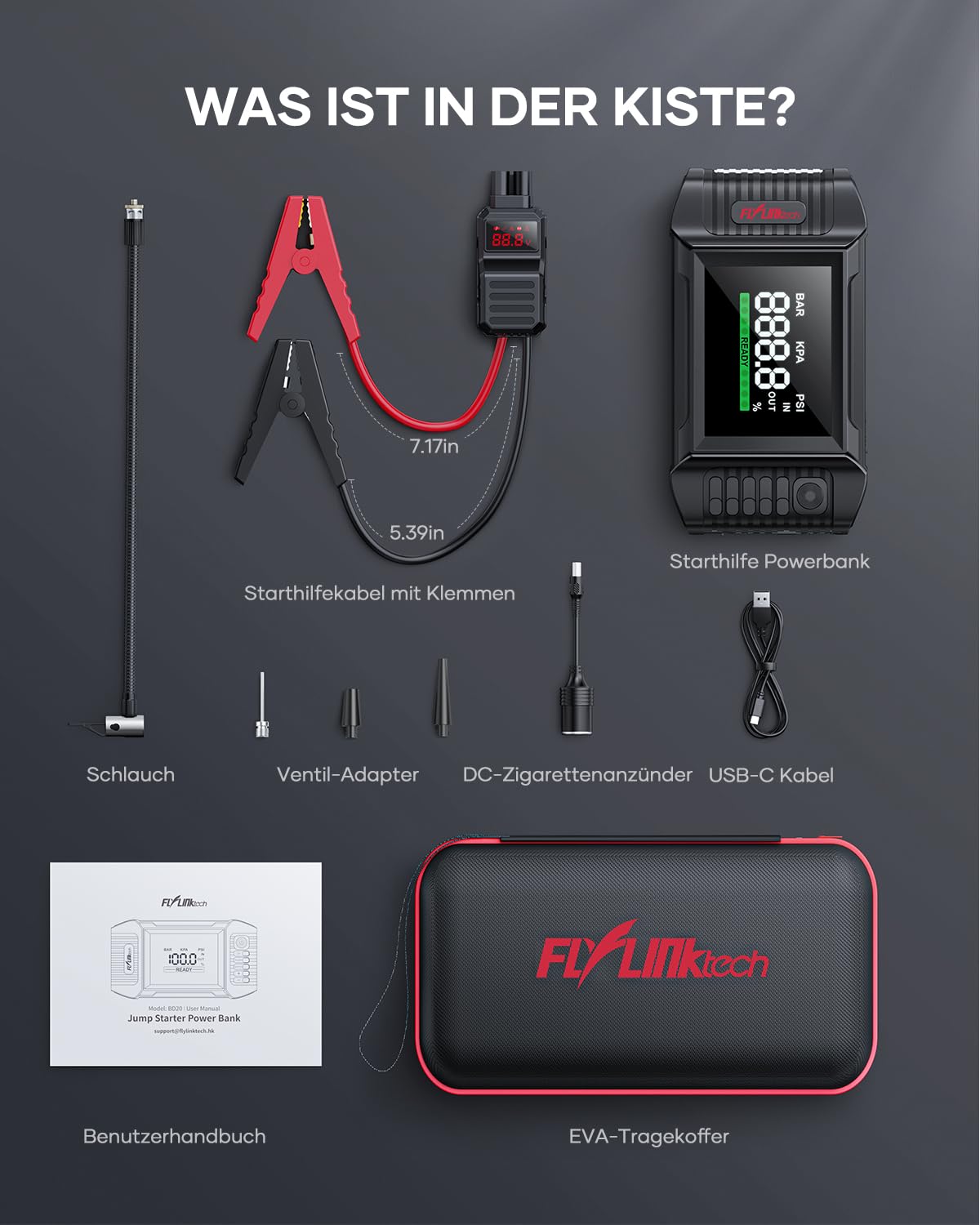 FLYLINKTECH Starthilfe Powerbank mit Kompressor, 150PSI 7000A Spitzenstrom Starter Powerbank für Alle Benzinmotor oder 10,0L Dieselmotoren,Auto Starthilfe mit LED Bildschirm und LED-Taschenlampe