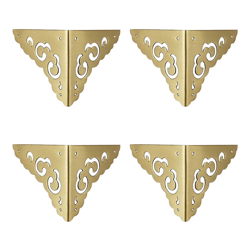 Tiazza 4Pcs Antique Brass Hollow Cloud Pattern Two Sides Corner Protectors Vintage Furniture Desk Edge Wooden Jewelry Gift Box Cabinet Corner Guard (Gold)