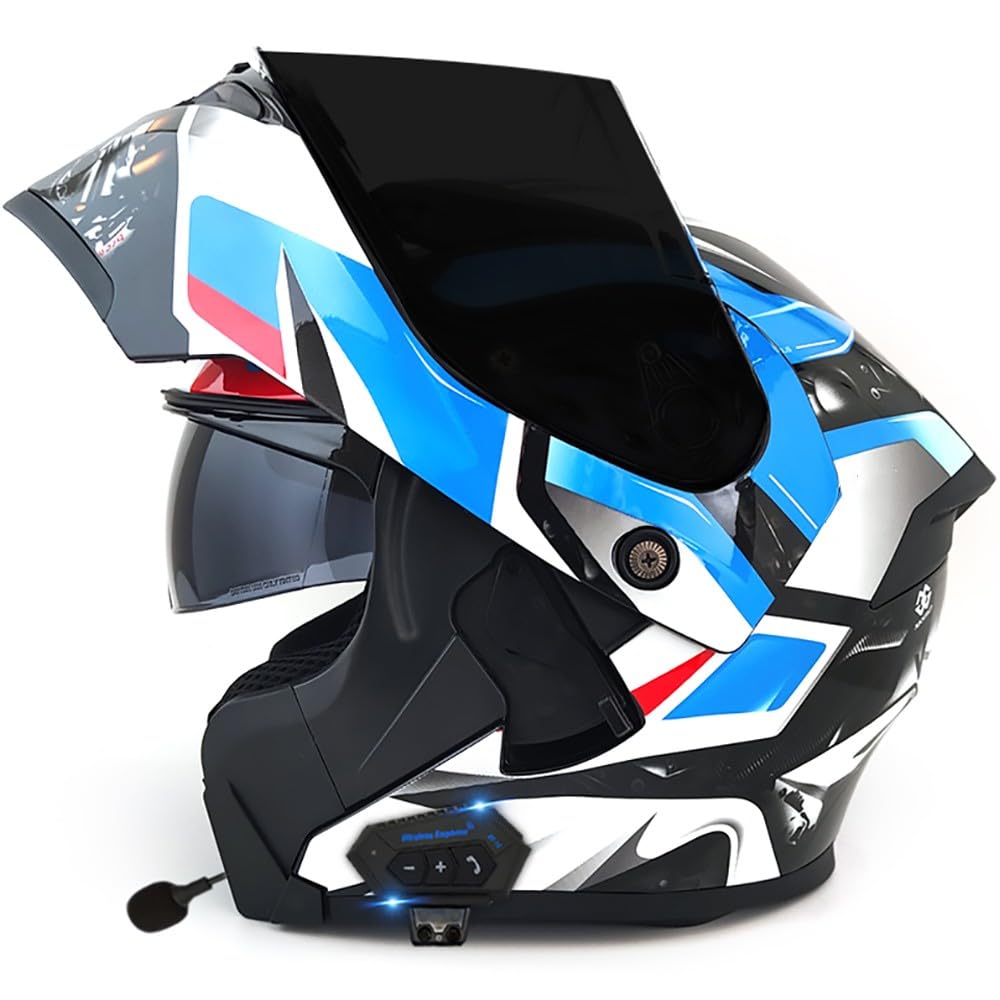 Casco Modulare Bluetooth Moto Integrat con Doppio Visiera Parasole Integrale, Casco Certificato ECE, Sistema di Comunicazione Interfono Integrato Radio FM Mp3 Integrato 3XL 55~66cm
