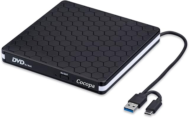 External CD DVD Drive, Cocopa Type-C USB 3.0 Slim Portable CD Reader CD/DVD-RW Burner Low Noise High Speed Data Transfer Super drive for Laptop, Desktop, Mac, IOS, Windows 10/8/7 / XP/Linux Low Noise