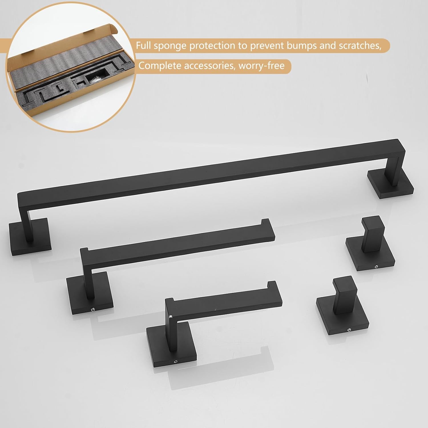 Matte Black Bathroom Accessories Set Hardware 5 Piece 22" Towel Bar Holder Sets Hand Towel Rack Holder and 2 Towel Hooks, Stainless Steel Wall Mounted