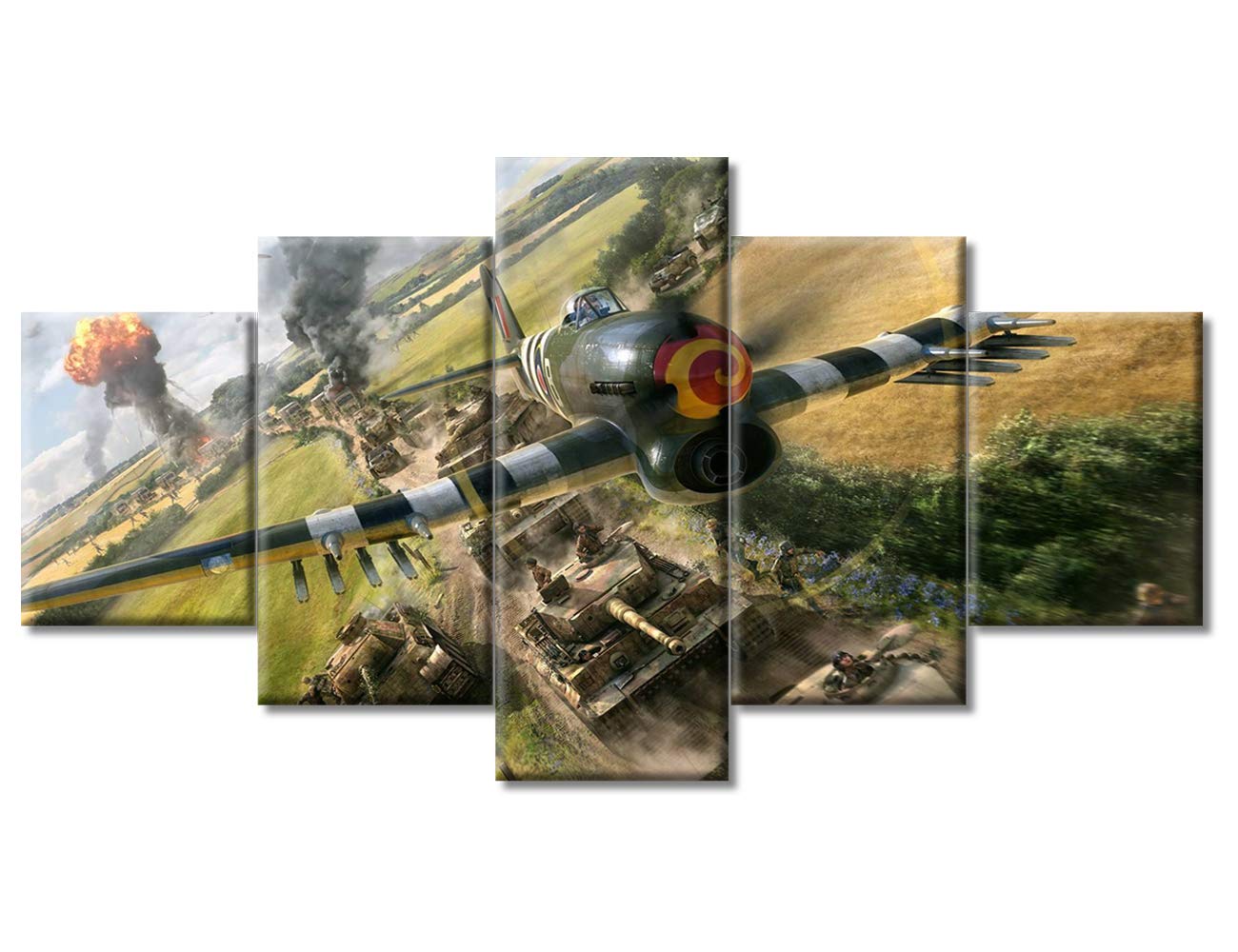 TUMOVO 5 Panel Canvas Wall Art Airplane Art Prints War Thunder Air Combat Poster Stretched Canvas Art and Framed Wall Paintings Modern Artwork Home Decorations for Bedroom, 60" Wx32 H