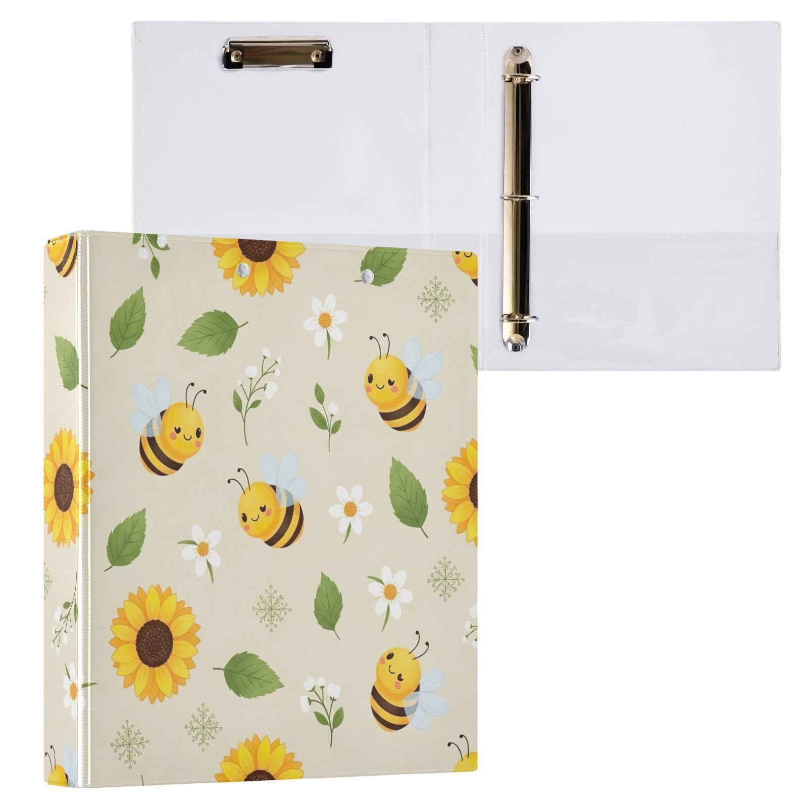 Raccoglitore a 3 anelli, confezione da 2 raccoglitori ad anelli a D con motivo api in stile cartone animato, fiori gialli, con portablocco, grandi raccoglitori a 3 anelli, per scuola, università