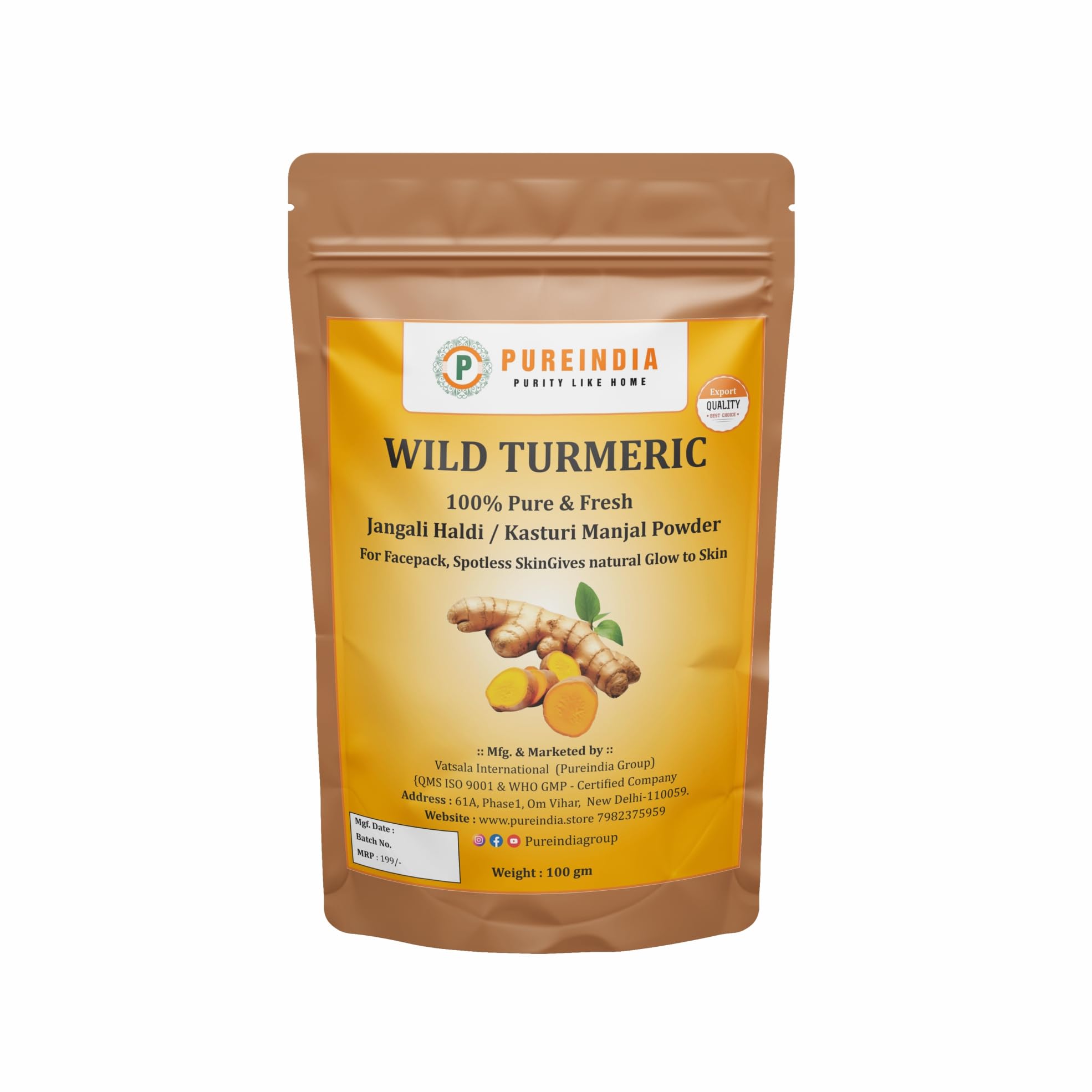 Pureindia Handmade Wild Turmeric |Turmeric Face Pack|Kasturi Manjal Wild Turmeric Powder|100G