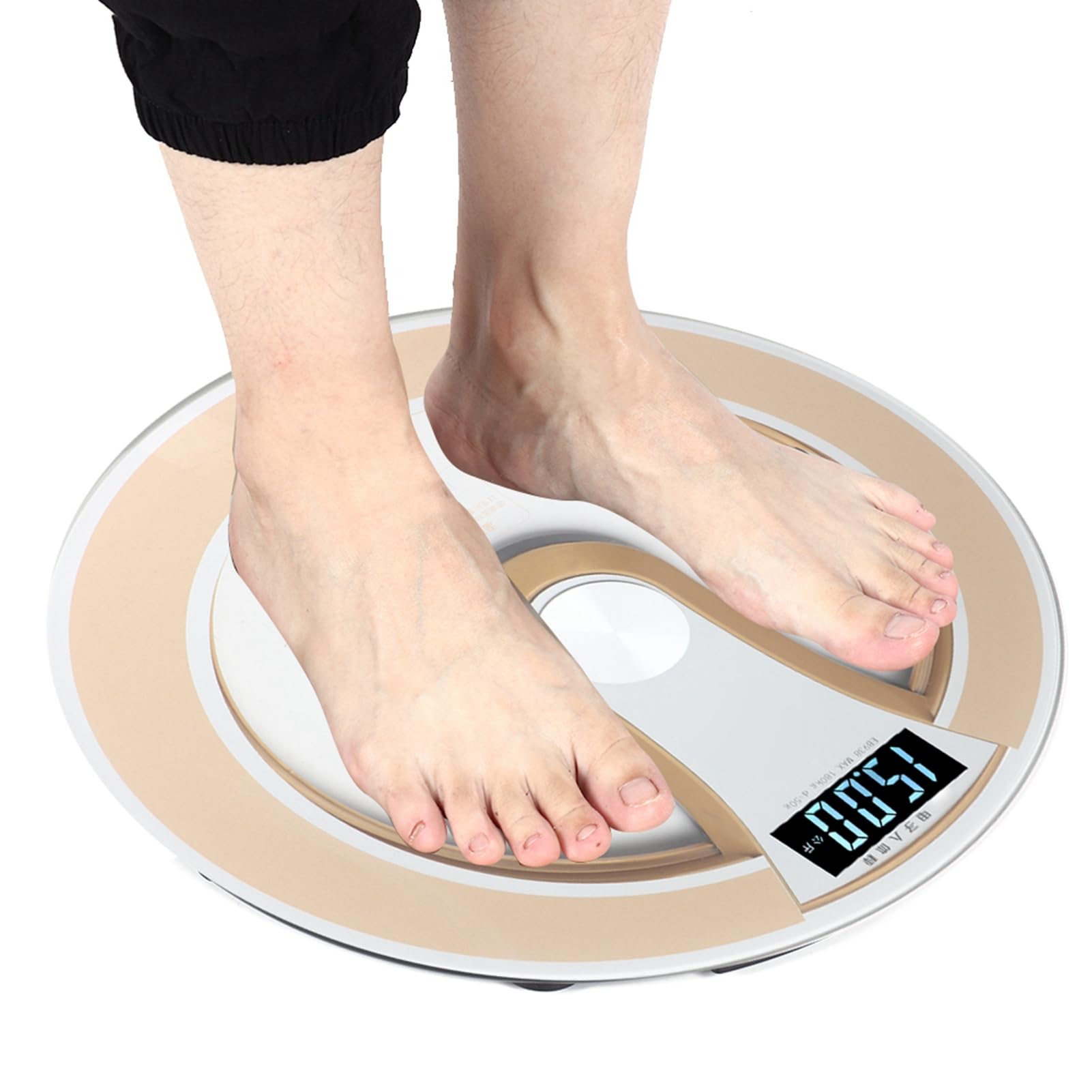 Pongnas Báscula Eléctrica Redonda Inteligente Digital con Pantalla LCD para el Cuerpo, Báscula de Alta Precisión para Gimnasio en Casa, Baño, Vidrio Templado, Dorado, Negro, 330x330x33mm (GOLD)