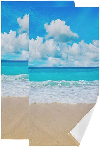 HATESAH Paquete de 2 toallas de mano con diseño de mar y océano, de microfibra, absorbentes, de verano, cielo, blanco, nubes, escena, toallas de