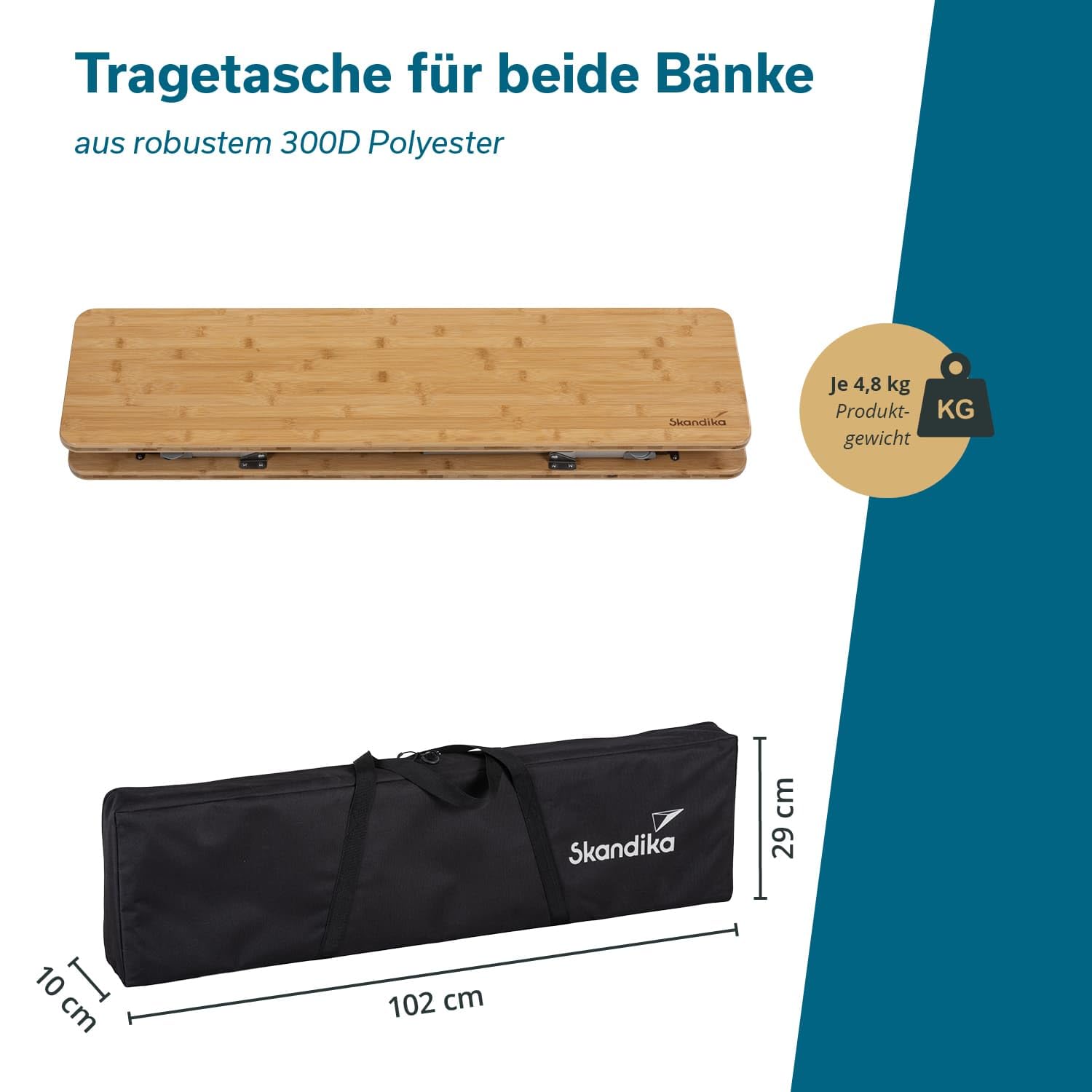 Skandika Ławka do siedzenia Tolja zestaw 2 szt., ławka kempingowa z bambusa, 100 x 27 x 39 cm, obciążenie do 200 kg, odporna na warunki atmosferyczne, torba do przenoszenia, ławka do piwna, ławka do
