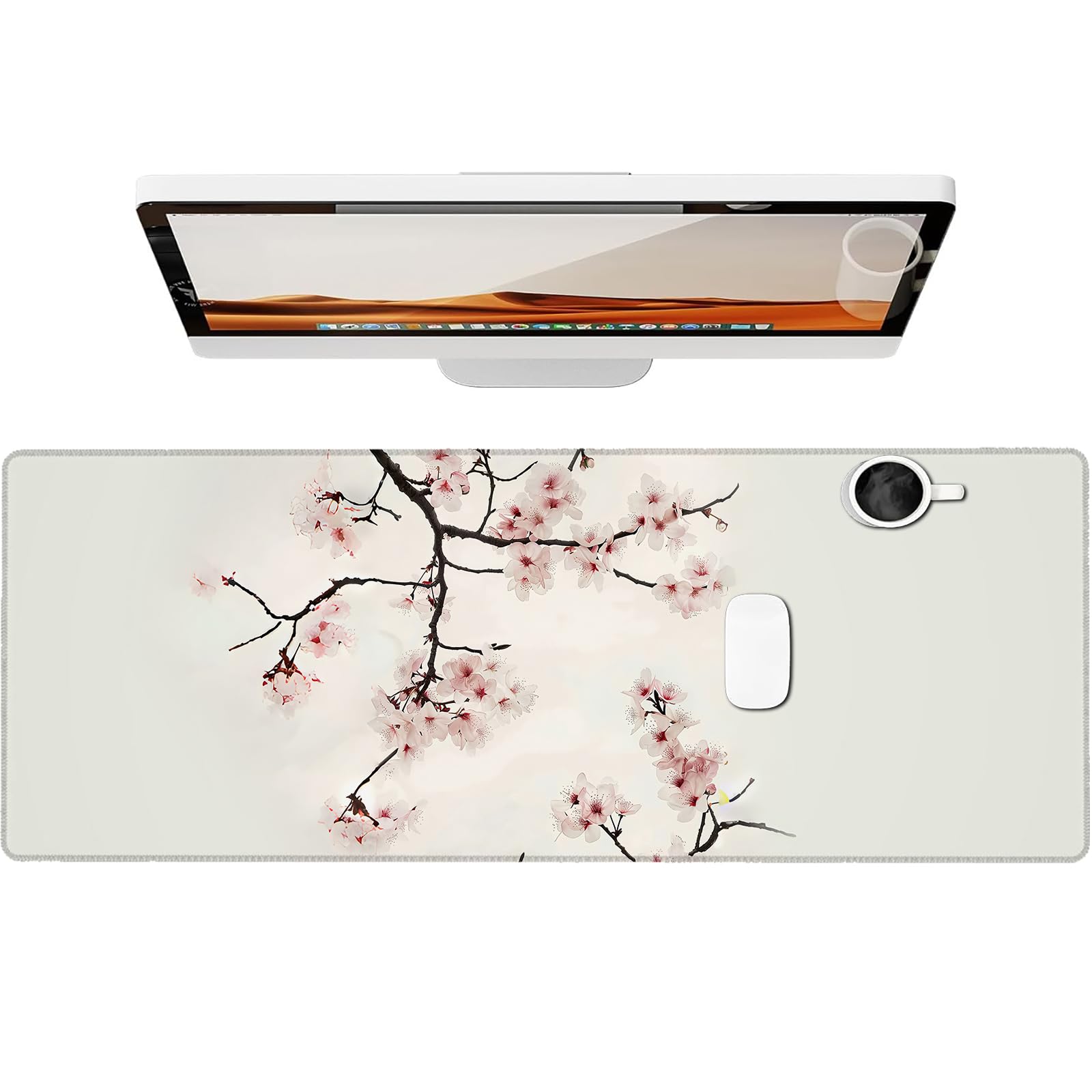 Elegant Cherry Blossom Gaming Mouse Pad, Large Office Desk Mat, Anti-Slip Rubber Base Mousepad for Computer Laptop Keyboard, Smooth Desk Pad for Home