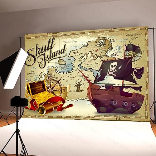 Miniatura 4 de KUBZT537 - Telón de fondo de fiesta pirata de 7 x 5 pies, fondo de mapa del tesoro pirata, suministros de cumpleaños para niños, decoración de baby