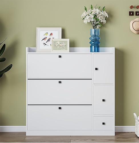 Miniatura 1 de Zapatero multifuncional con 3 cajones abatibles, armario de vestíbulo con cajón, zapatero independiente con asiento abatible, armario lateral