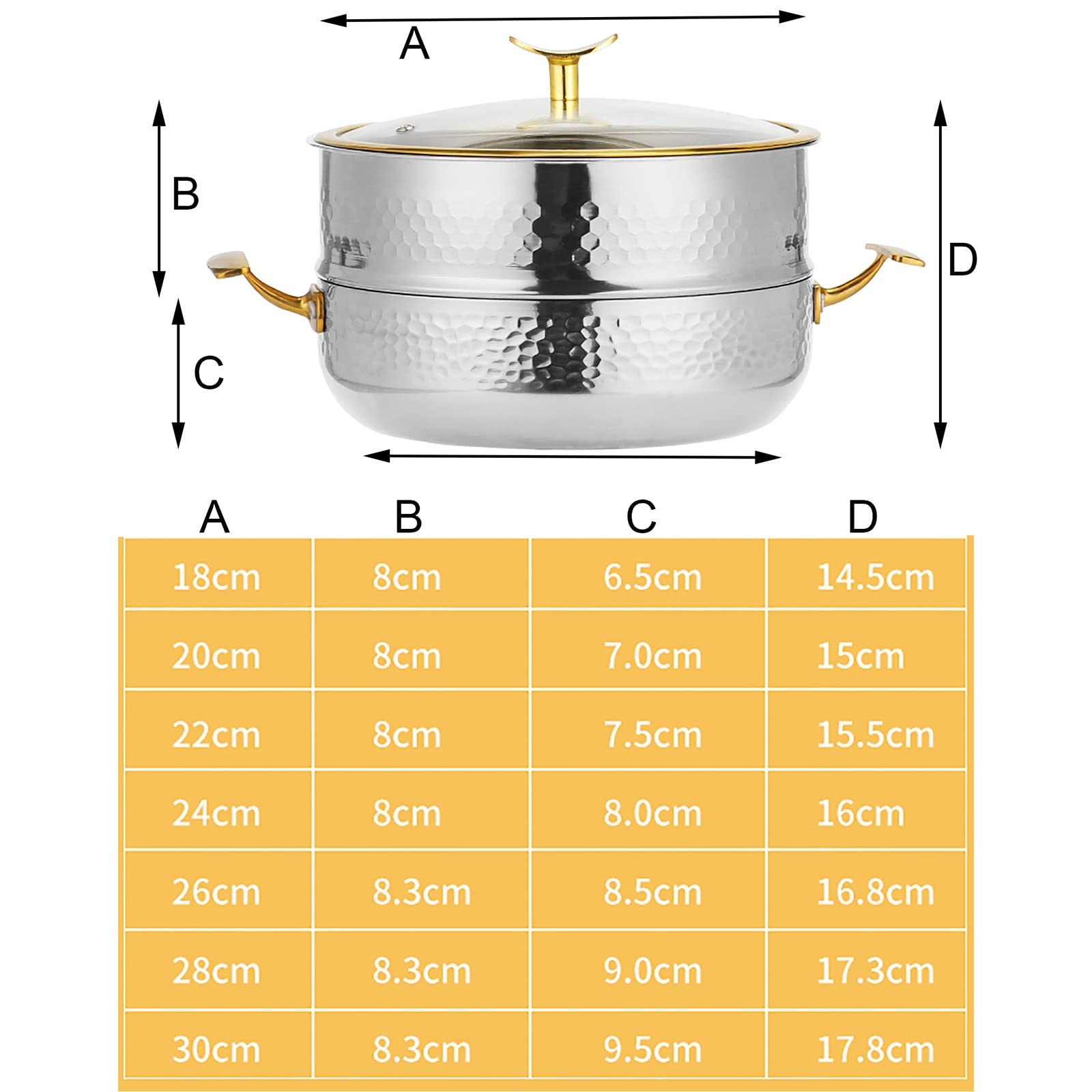 Garnek do gotowania na parze ze stali nierdzewnej, Stal nierdzewna 304, supergrube 3-warstwowe dno garnka kompozytowe, bułki na parze, gotowany makaron(Gold,24cm)
