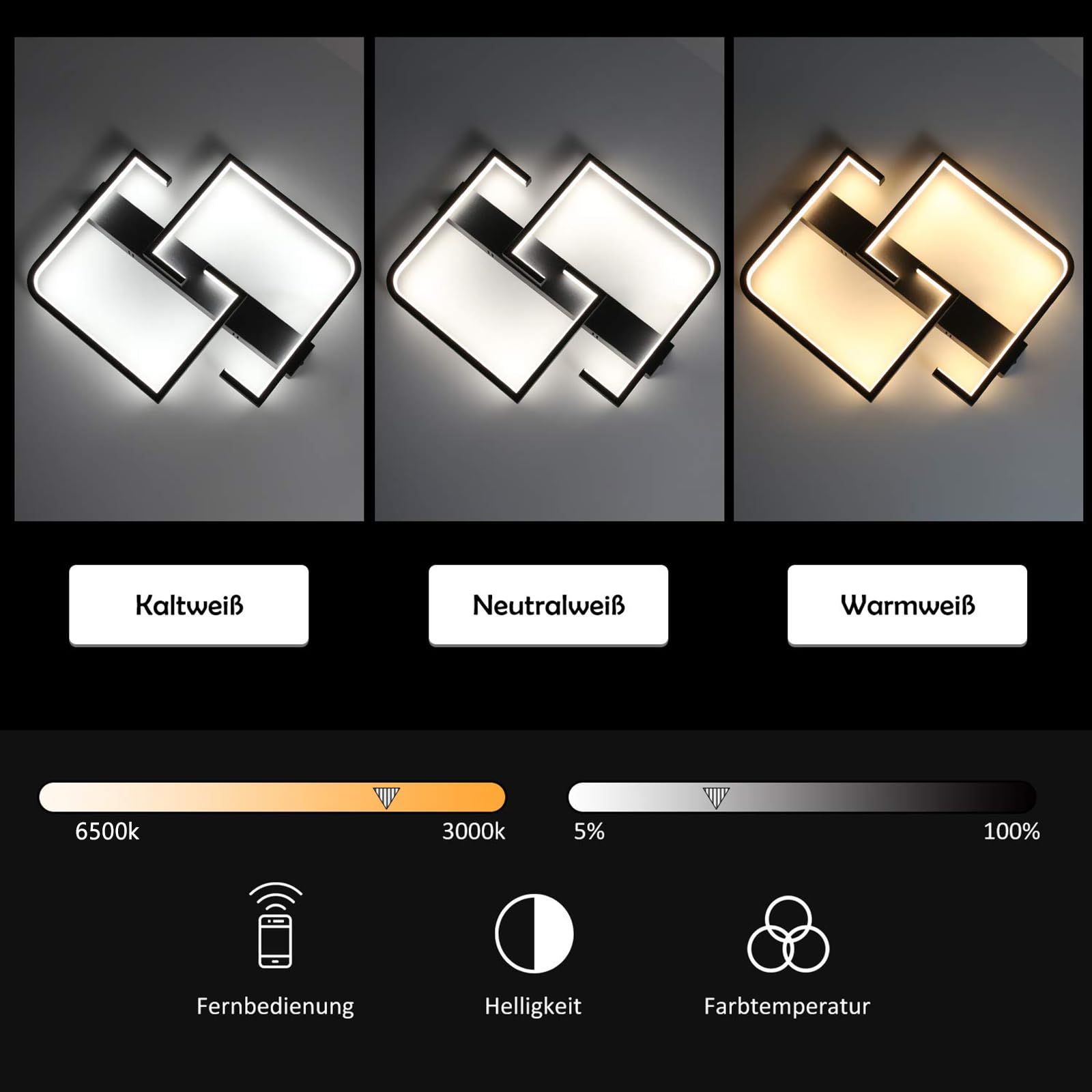 CBJKTX LED Deckenlampe Wohnzimmer Deckenleuchte Schwarz Wohnzimmerlampe | Dimmbar mit Fernbedienung Schlafzimmer 35W Modern Design küchenlampe 3000K 6500K Schlafzimmerlampe Arbeitszimmer küche Büro