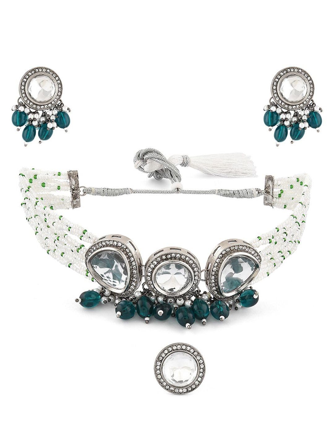 Juego de joyas de varias hebras de latón DMZ-1799 collar pulsera cuentas plata S 8