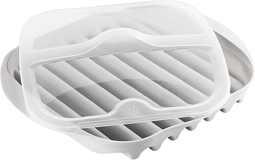 Cocedor de tocino para microondas con tapa, seguridad, rápido y sin ensuciar, bandeja de tocino para microondas con tapa para hacer tocino crujiente