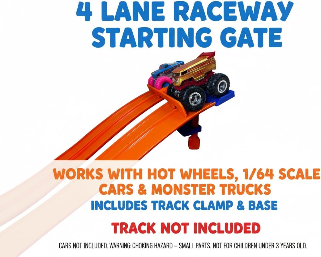 Monster Truck Track Clamp with 4 Lane Start Gate (Track NOT Included) | Compatible with Hot Wheels Track (Blue/Orange) | Eco-Friendly PLA | Made in USA | Monster Truck Track Accessory