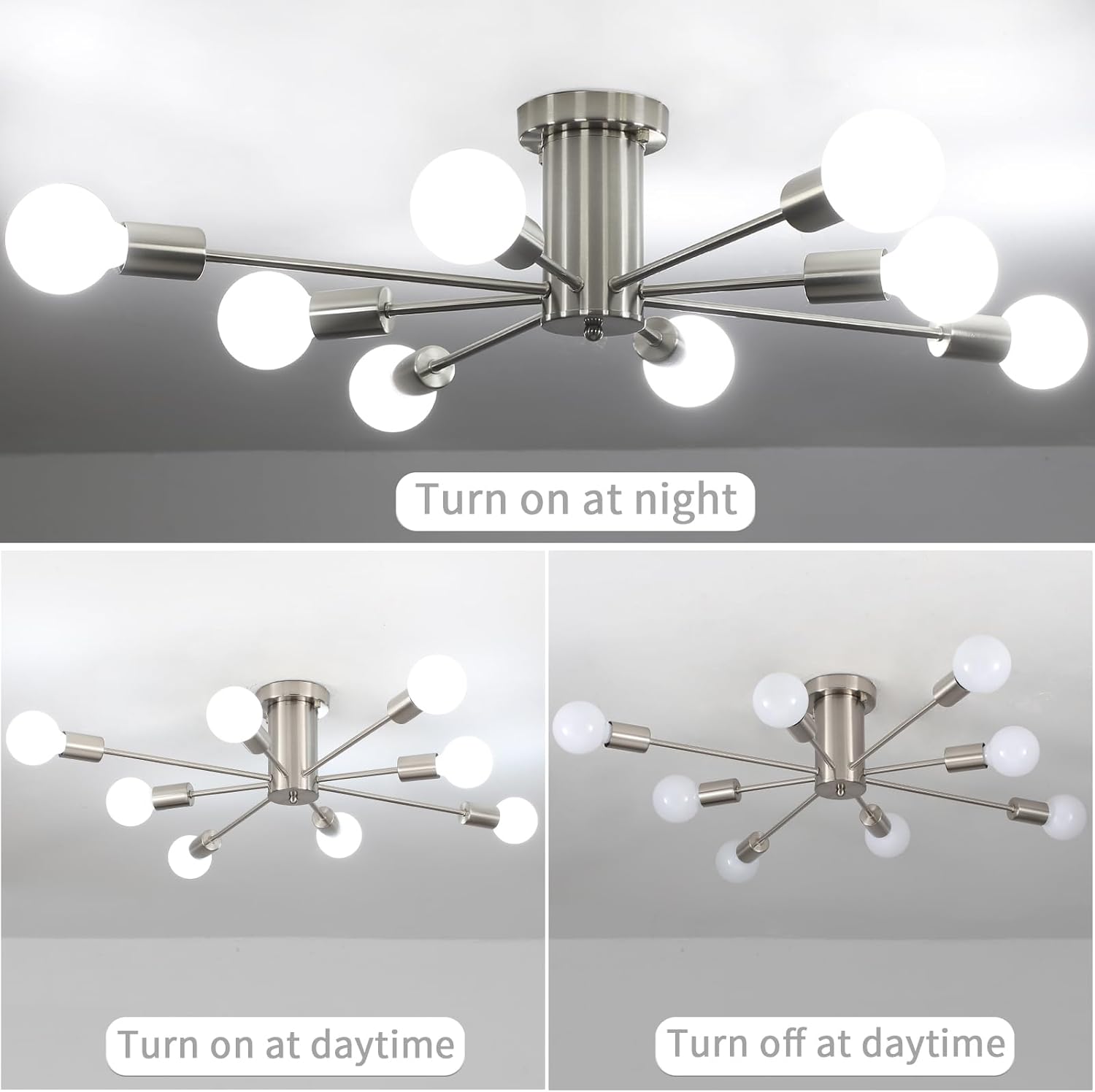 Nickel 8-Light Geometric Sputnik Semi Flush Mount Chandelier