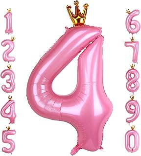 40 Inch Crown Pink Number 4 Balloon, Big Conjoined Baby Pink Foil Mylar Helium Digit 4 Balloon for Girl 4th Birthday Party Decorations Anniversary Decor Theme Party Supplies