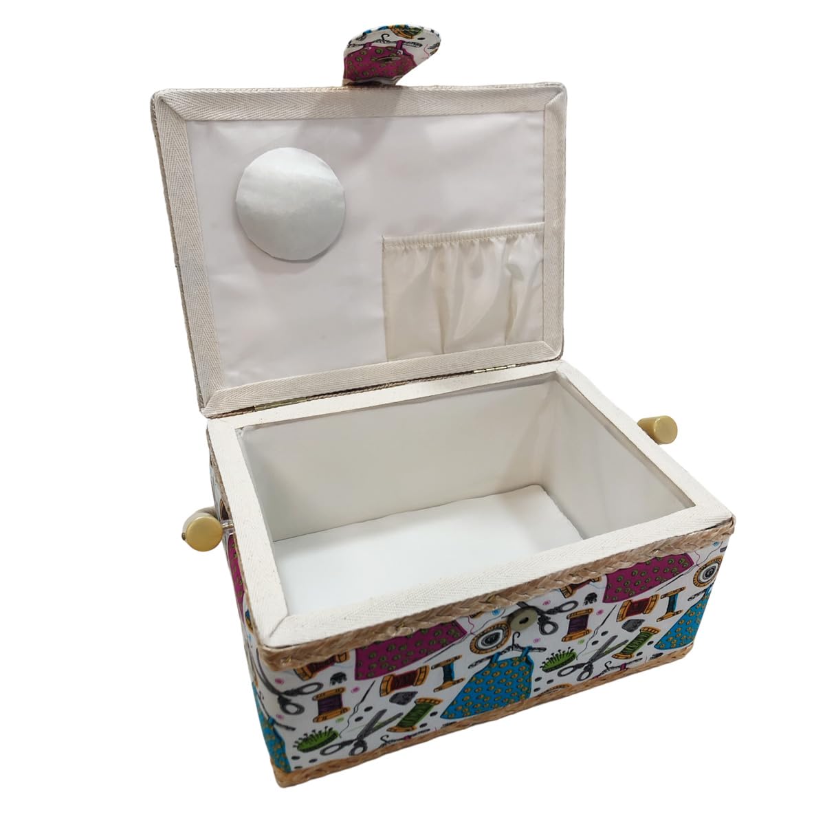 Medium Empty Wooden Sewing Box, Fabric Lined Sewing Box with 4 Compartments, Organizer with Pin, Storage Box with Handle, Accessory Tray, (Medium, Threads) - Image 3