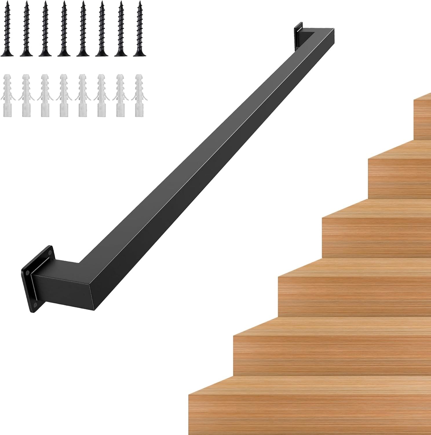 6.6FT Stair Handrail, Wall-Mounted Square Staircase Handrail, Stair Railing for Indoor & Outdoor Steps, Non-Slip Metal Steel Grab Bar for Stairs, Loft, Porch