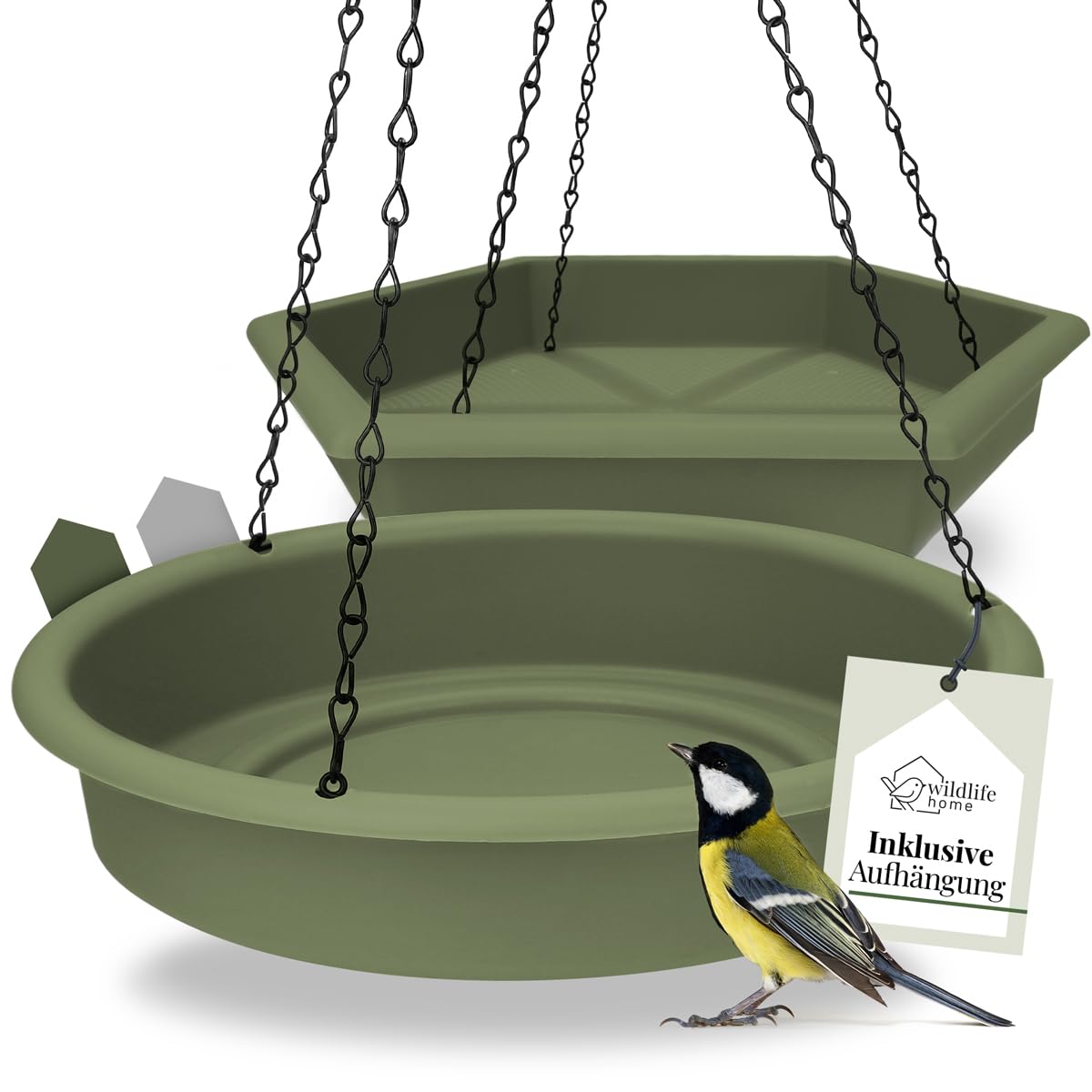 wildlife home Set of 2 Hanging Bird Feeders, Green, XL Feeding Station, Birds, Large, Garden, Balcony, Bird Bath, Frost-Proof Hanging for Wild Birds in the Garden
