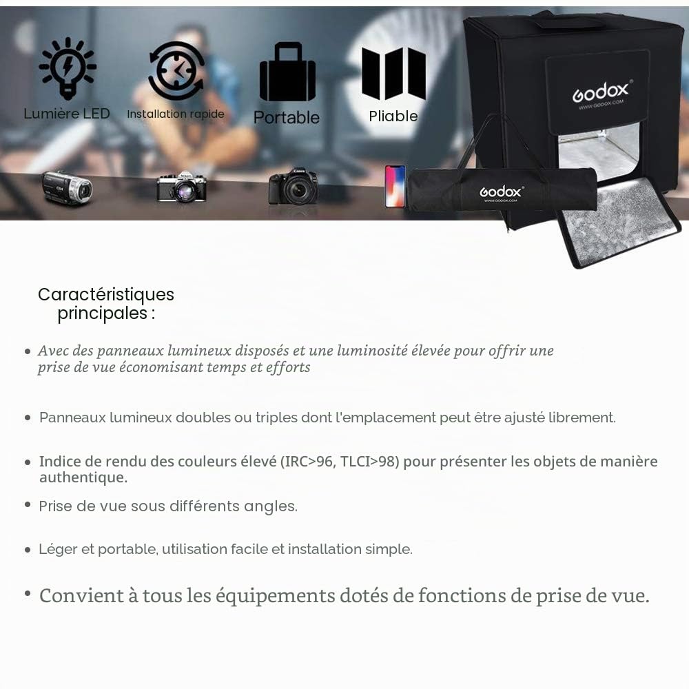 GODOX LSD80 Mini Tente de Studio de Photographie LED 80 x 80 x 80cm Double LED Light Boards Studio Box pour la Prise de Vue Photographique(LSD80)