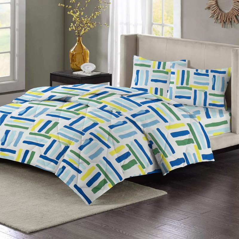 Image of HOMEKART 220 GSM Reversible Microfiber AC Comforter /Duvets for Mild Winter | All Season King Size 3 Layered Quilted Blanket for Single Bed (150 cm x 225 cm, Modren, White and Green)