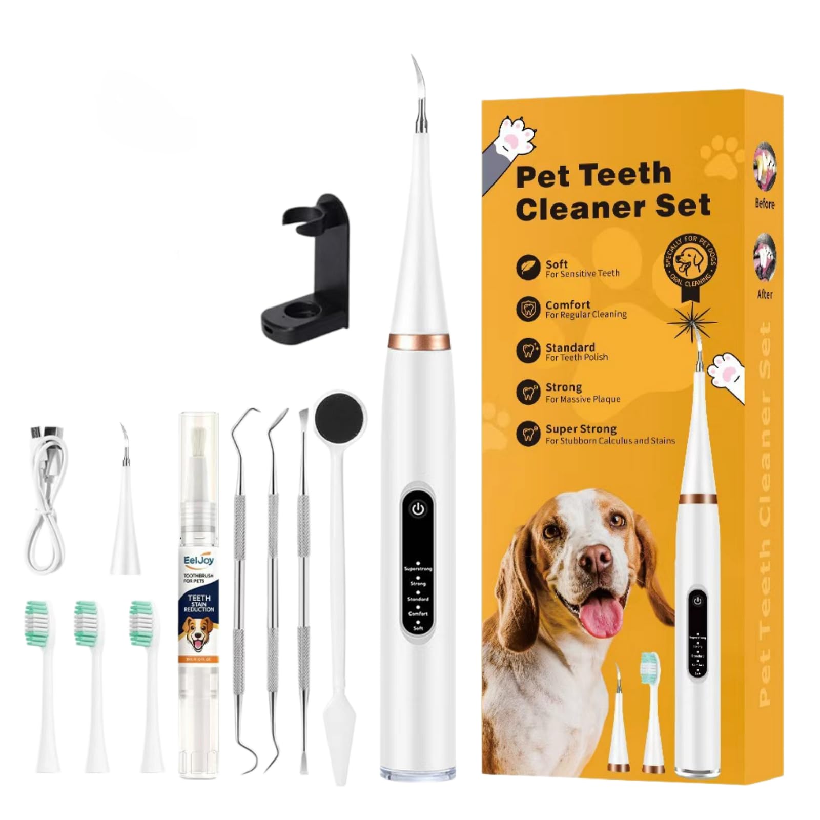 Zampadent Dispositivo Professionale Per La Pulizia Dentale Del Cane,Kit Pulizia Denti Elettrico 6 Modalità,IPX6,Ricaricabile USB Type-C,Rimuovi Tartaro e Placca Dentale