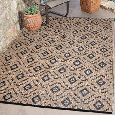 Outdoor Rugs - Reversible Mats, 5'x8' Plastic Straw Rug for Patio Clearance Waterproof, Indoor Outdoor Area Rug Carpet for Outside, RV, Deck, Picnic, Beach, Trailer, Camping(Black & Brown)
