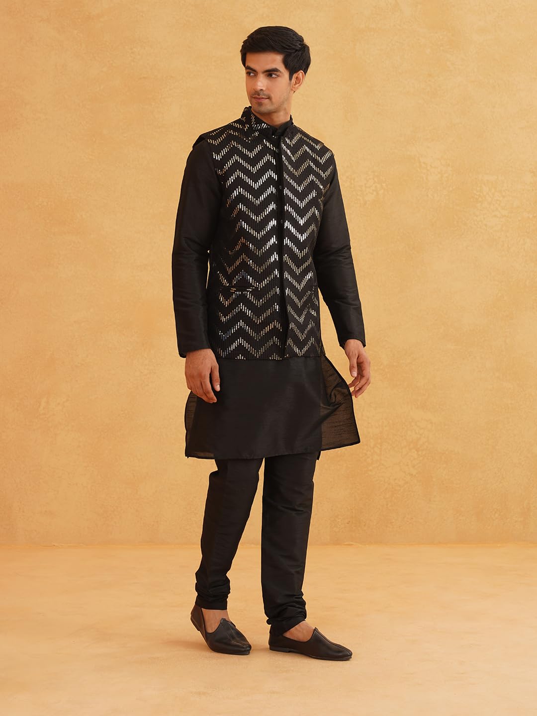 Sojanya (Since 1958 Men's Silk Blend Black Kurta Pyjama With Black Zigzag Nehru Jacket