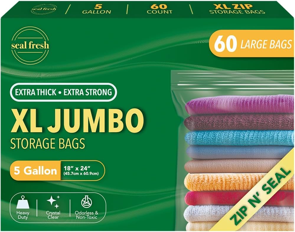 5 Gallon Large Plastic Storage Bags – 18" x 24" (60 Count) – Reusuable XXL Extra Large Heavy Duty Clear Jumbo Freezer Zip Lock Bags with Sealable Zipper Top For Clothes, Travel, Moving