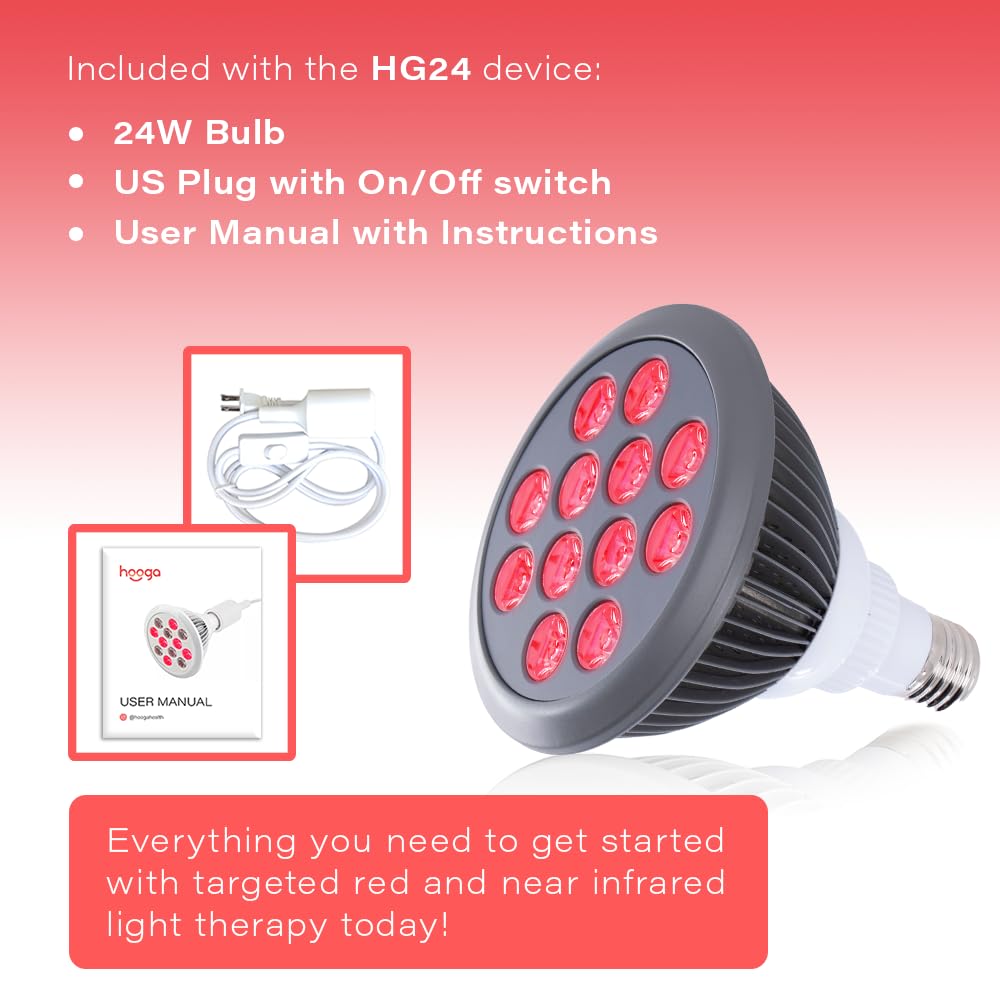 Red Light Therapy by Hooga with Power Cord.Red 660nm Near Infrared 850nm. 12 LED High Irradiance, Combo Treatment for Skin, Pain Relief, Anti Aging, Muscle Recovery, Performance HG24.