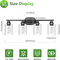 Vista 6 de Ascher Lámparas de baño de 4 luces, modernas luces de tocador con pantalla de vidrio transparente, lámpara de pared negra mate para espejo de baño