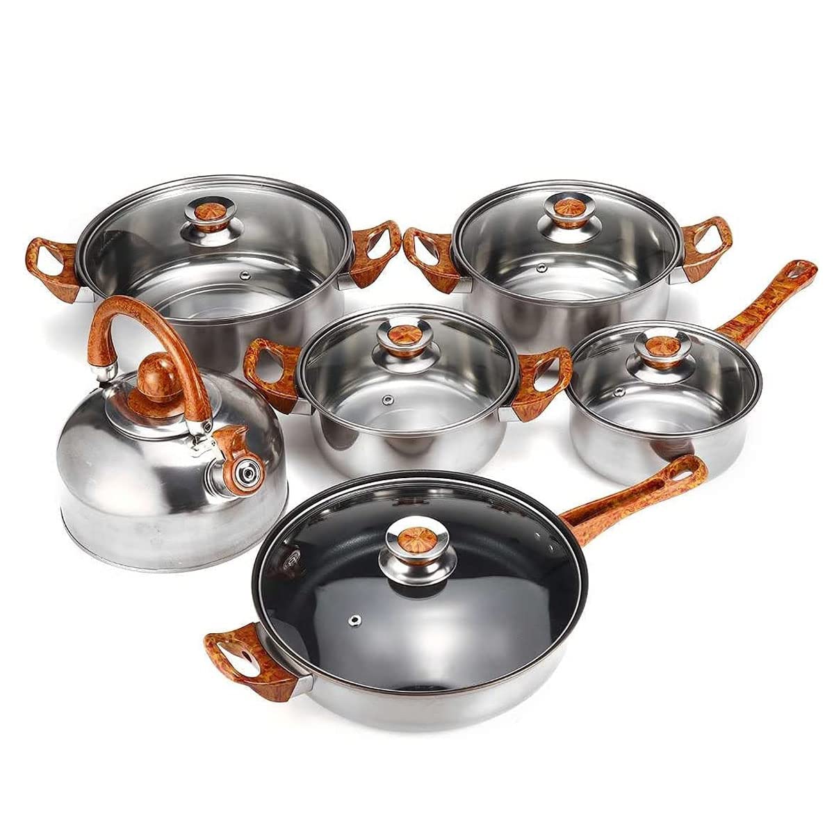 Non-Stick Cookware and Pan Set - 12 Pieces Stainless Steel Cookware Set, Induction Base Cookware Pots and Pans Set, Cookware Set For All Stovetops, Dishwasher Safe (Wood Grain Handle)