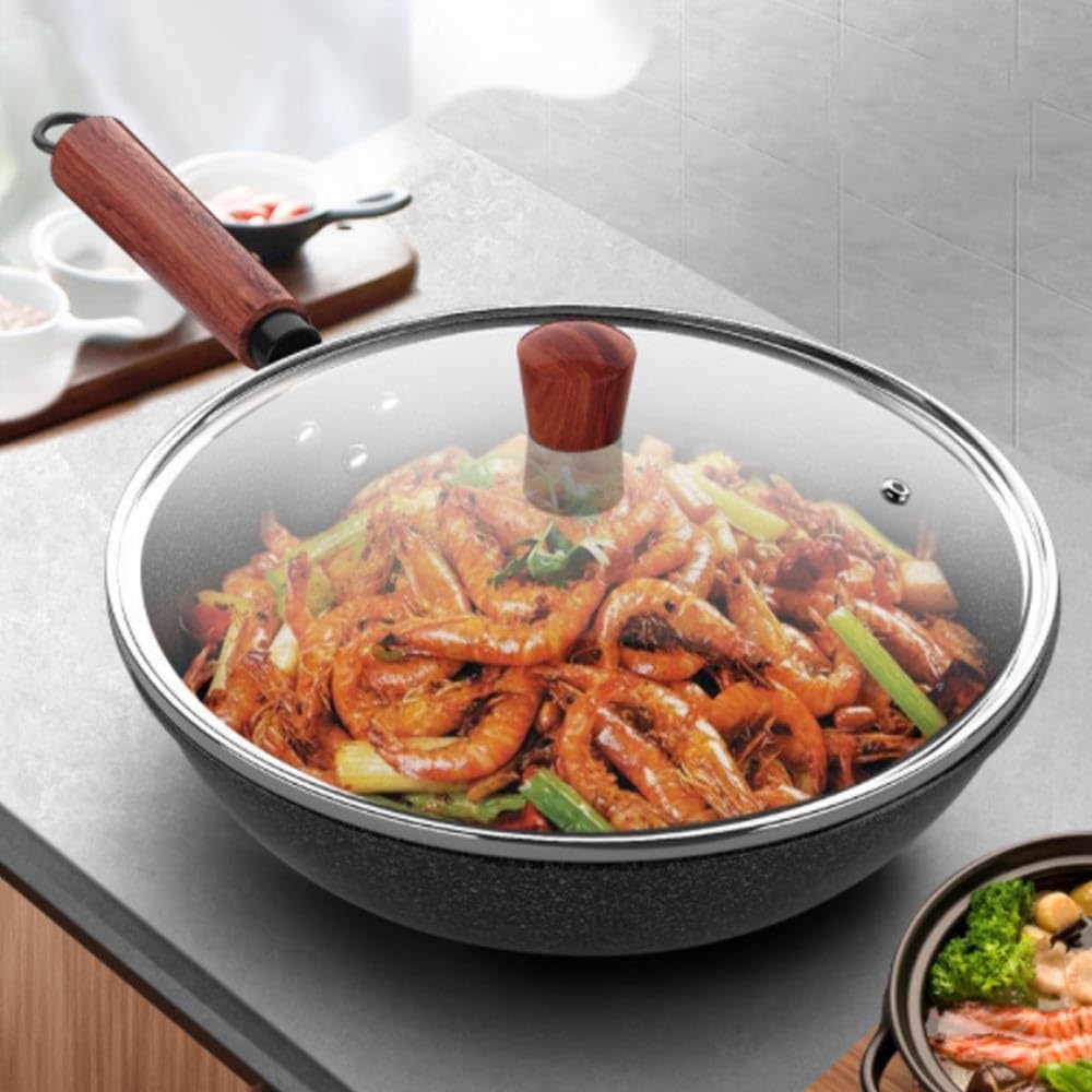 Patelnia Wok z płaskim dnem, 12,6" Szary medyczny kamienny wok, tradycyjna wstępnie sezonowana patelnia z powłoką z granitu i drewnianym uchwytem pomocniczym, do kuchenek indukcyjnych, woków i patel