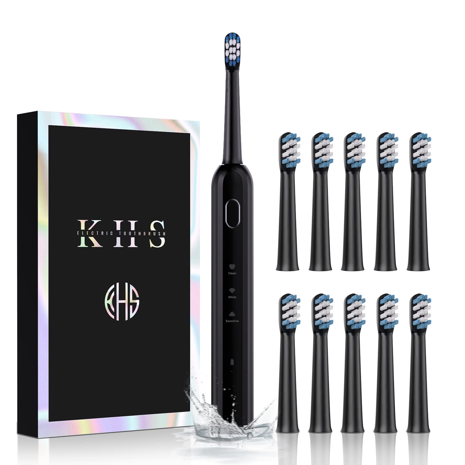 KHS Sonic Electric Toothbrush 3 Modes 10 Replacement Heads Rechargeable Power Toothbrush IPX7 Waterproof 2 Min Timer Oral Care Toothbrush for Adults Kids(Black)