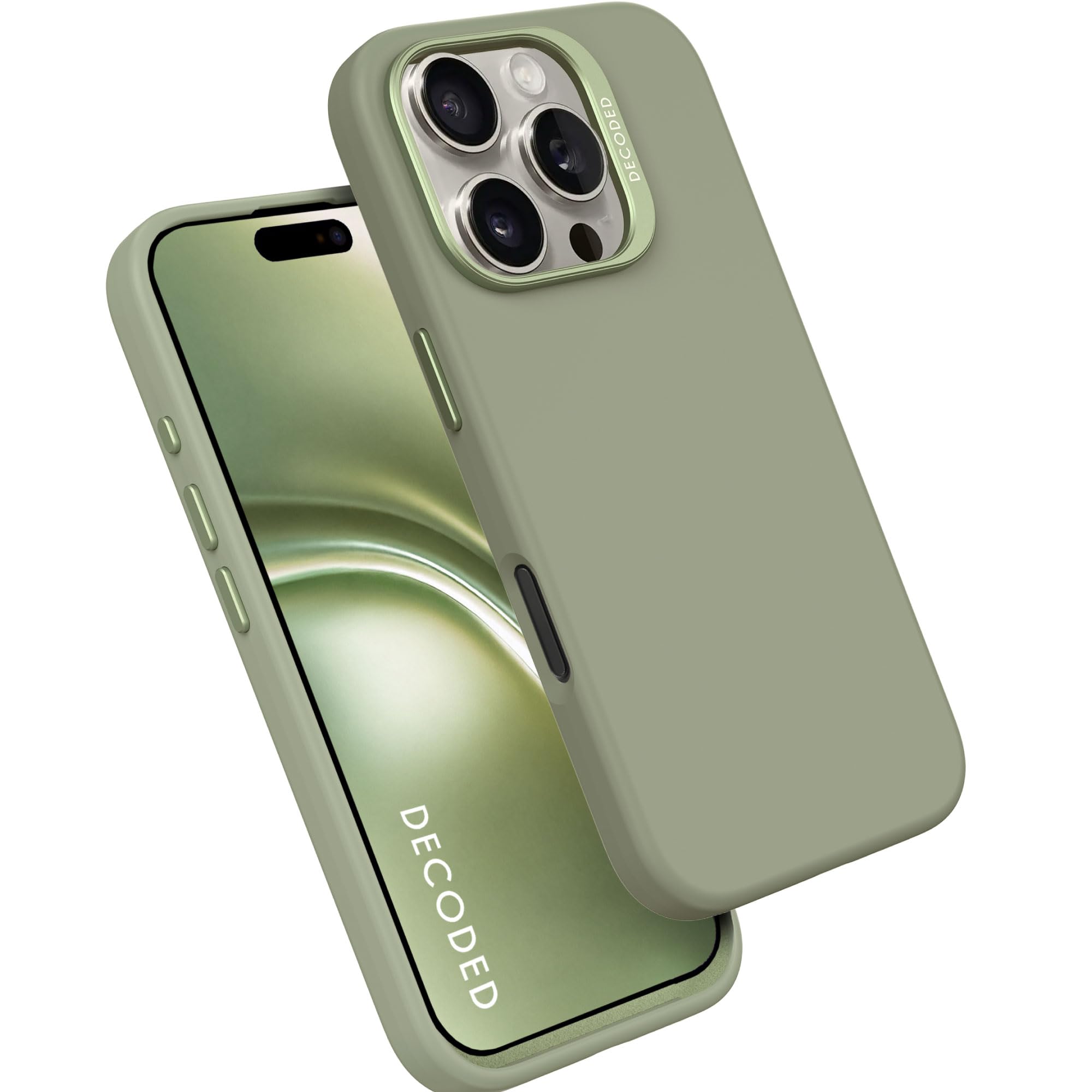 Decoded Silikonhülle - für iPhone 16 Pro, Premium Soft-Touch, Geeignet für MagSafe, Sturz- und Aufprallschutz, Antibakterielle Beschichtung, Metalltasten, Fester Griff, Jadegrün