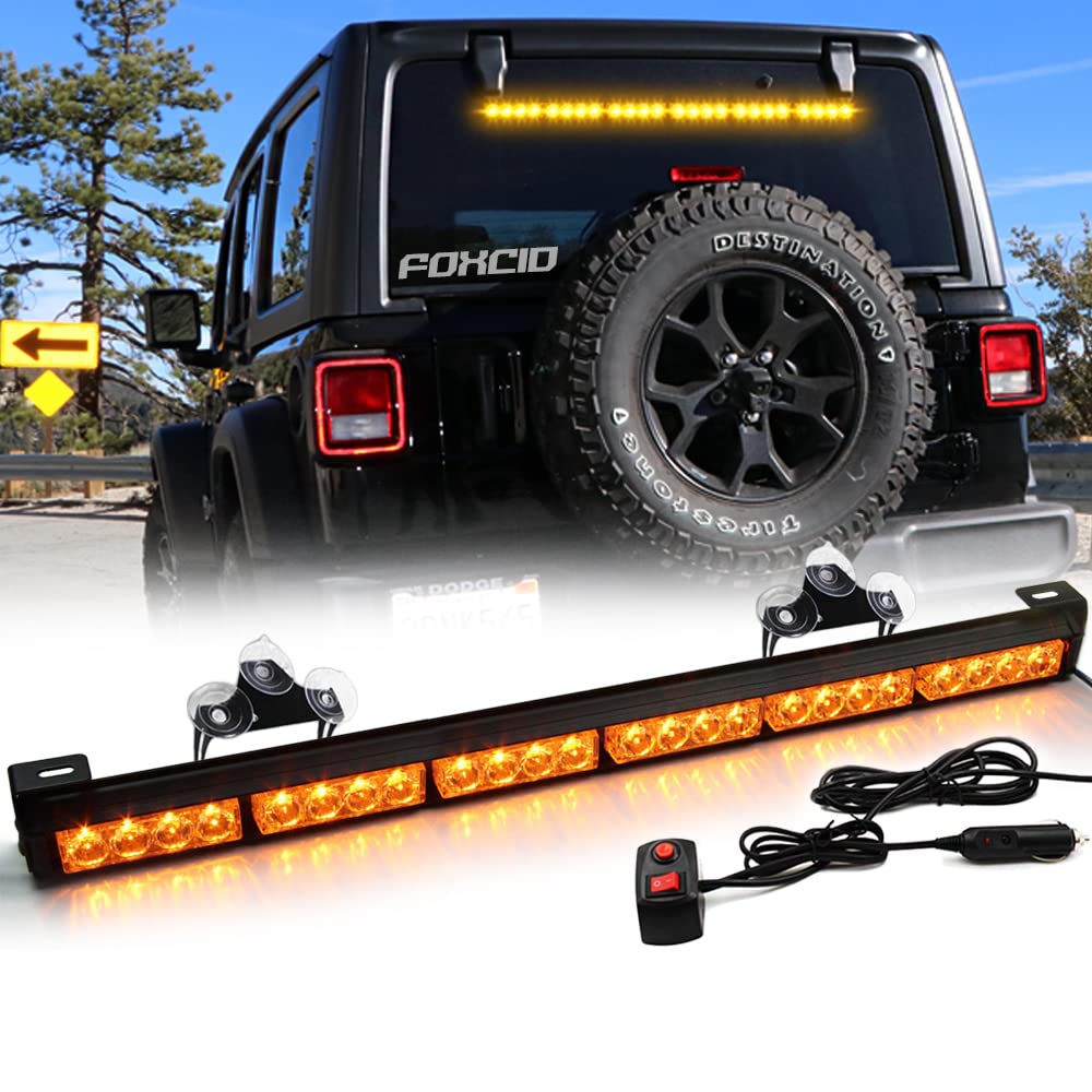 FOXCID 24 LED Amber Yellow 27'' 13 Modes Emergency Warning Traffic Advisor Vehicle LED Strobe Light Bar with Large Suction Cups and Cigarette Lighter