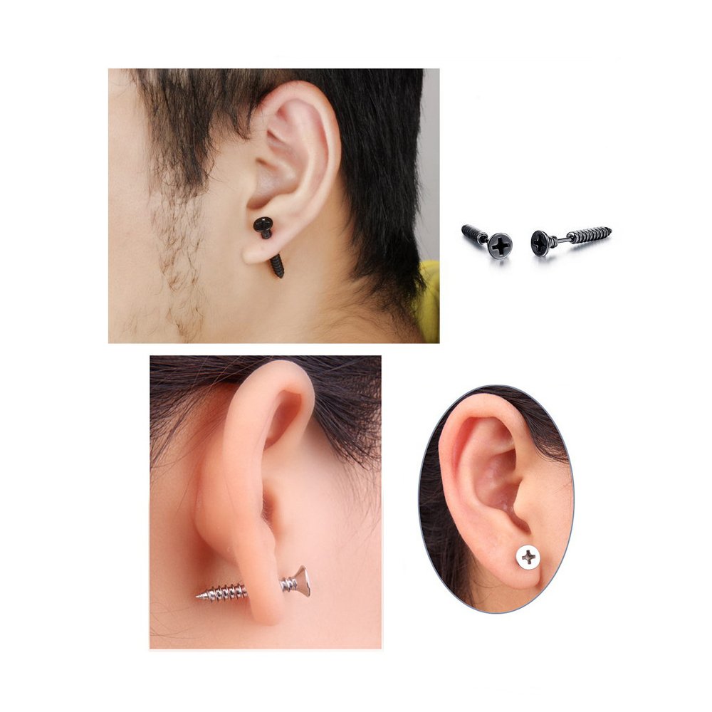 6 Pares de Pendientes de Acero Inoxidable para Hombre Mujer Aretes de Plata Negro Oro Pendientes Tornillo Hipoalergénico Piercing